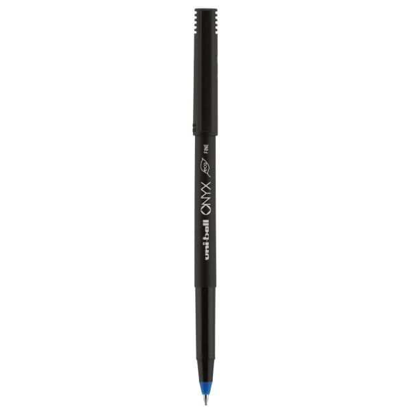 Uniball Onyx Roller Ball Pen, Stick, Fine 0.7 Mm, Blue Ink, Black/Blue Barrel, 72/Pack