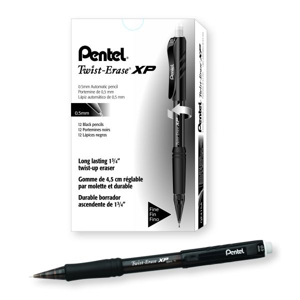 Pentel Twist-Erase Express Mechanical Pencil, 0.5 Mm, Hb (#2), Black Lead, Black Barrel, Dozen