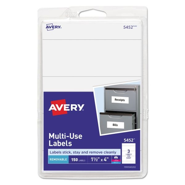Avery Removable Multi-Use Labels, Inkjet/Laser Printers, 1.5 X 4, White, 3/Sheet, 50 Sheets/Pack, (5452)
