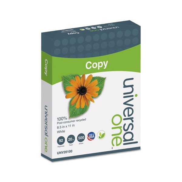 Universal 100% Recycled Copy Paper, 92 Brightness, 20 Lb, 8 1/2 X 11, White, 5000 Sheets/Carton