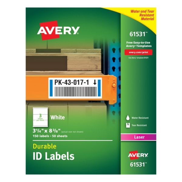 Avery Permanent Durable Id Labels With Trueblock, 61531, Rectangle, 3-1/4" X 8-3/8", White, Pack Of 150