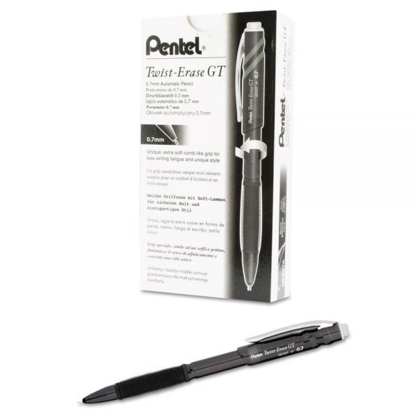 Pentel Twist-Erase Gt Pencils, 0.7 Mm, Hb (#2), Black Lead, Black Barrel