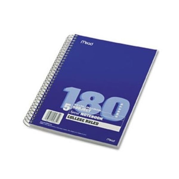 Mead Spiral Notebook, 5-Subject, Medium/College Rule, Randomly Assorted Cover Color, (180) 10.5 X 8 Sheets