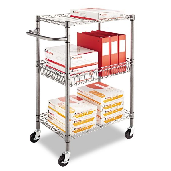 Alera Three-Tier Wire Cart With Basket, Metal, 2 Shelves, 1 Bin, 500 Lb Capacity, 28" X 16" X 39", Black Anthracite