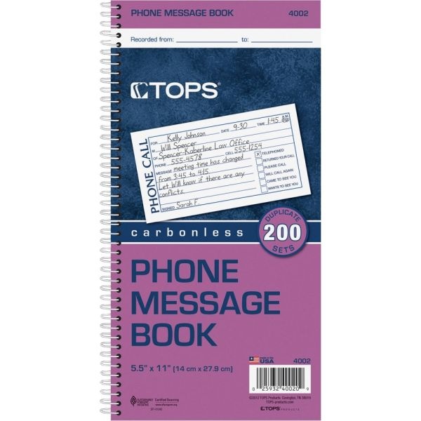 Tops Carbonless While You Were Out Book, 5 1/2" X 11", 60% Recycled, Assorted Sheets, Blue/Red