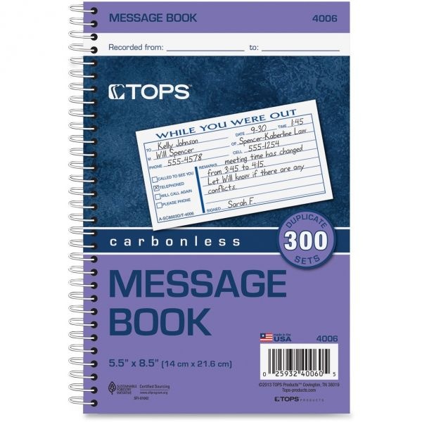 Tops Spiralbound Message Book, Two-Part Carbonless, 2.83 X 5, 3/Page, 300 Forms