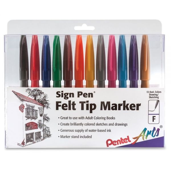 Pentel Arts Sign Pen Fine Point Color Marker, Extra-Fine Bullet Tip, Assorted Colors, 12/Set
