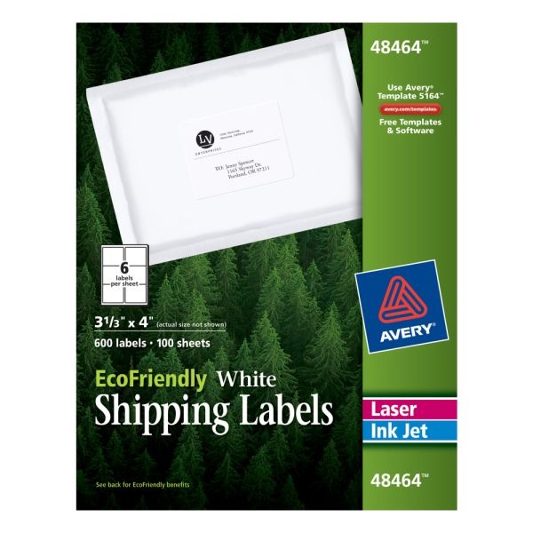Avery Ecofriendly Permanent Shipping Labels, 48464, 3 1/3" X 4", 100% Recycled, White, Box Of 600