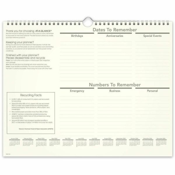 At-A-Glance Recycled Wall Calendar, Unruled Blocks, 15 X 12, Sand/Green Sheets, 12-Month (Jan To Dec): 2024