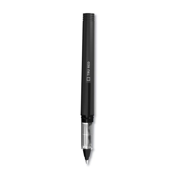 Tru Red Roller Ball Pen, Stick, Fine 0.5 Mm, Black Ink, Black/Clear Barrel, Dozen