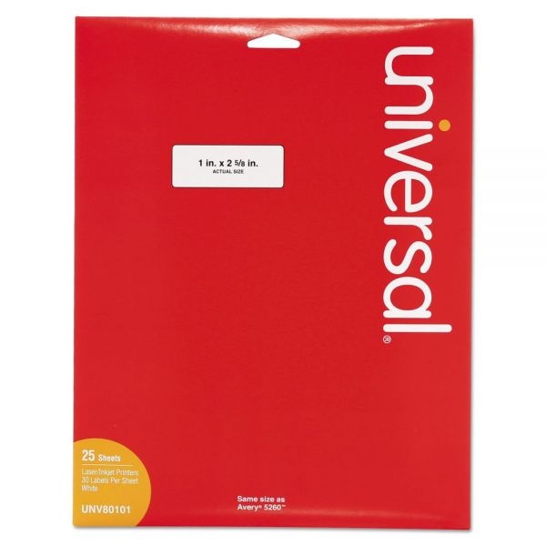 Universal White Labels, Inkjet/Laser Printers, 1 X 2.63, White, 30/Sheet, 25 Sheets/Pack