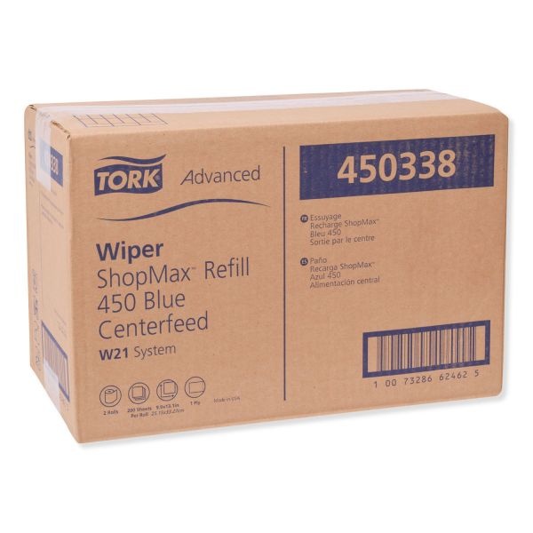 Tork Advanced Shopmax Wiper 450, Centerfeed Refill, 9.9X13.1, Blue, 200/Roll, 2 Rolls/Carton