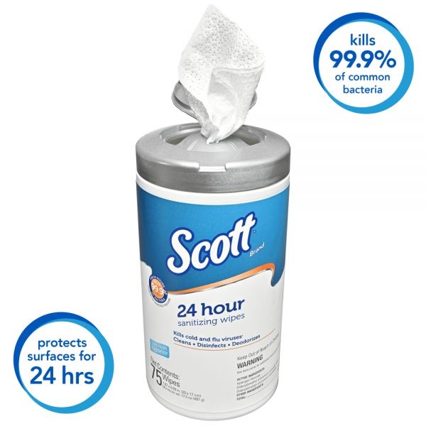 Scott 24-Hour Sanitizing Wipes, White, 75 Sheets Per Pack, Case Of 6 Packs