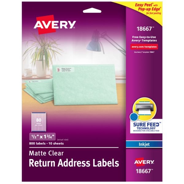 Avery Matte Return Address Labels With Sure Feed Technology, 18667, Rectangle, 1/2" X 1-3/4", Clear, Pack Of 800
