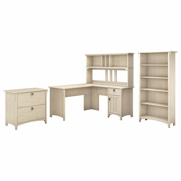 Bush Furniture Salinas 60W L Shaped Desk With Hutch, Lateral File Cabinet And 5 Shelf Bookcase In Antique White