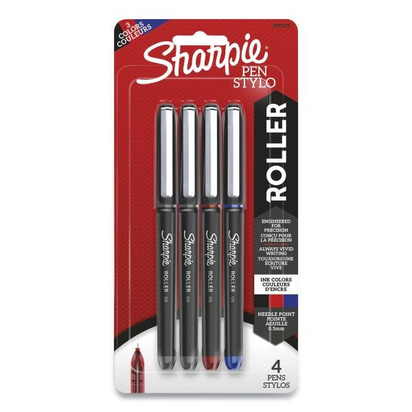 Sharpie Roller Professional Design Roller Ball Pen, Stick, Fine 0.5 Mm, Assorted Ink And Barrel Colors, 4/Pack