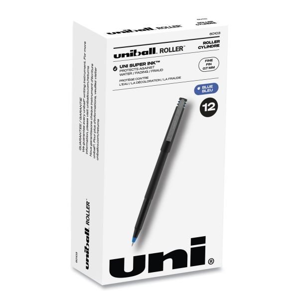 Uniball Roller Ball Pen, Stick, Fine 0.7 Mm, Blue Ink, Black/Blue Barrel, Dozen