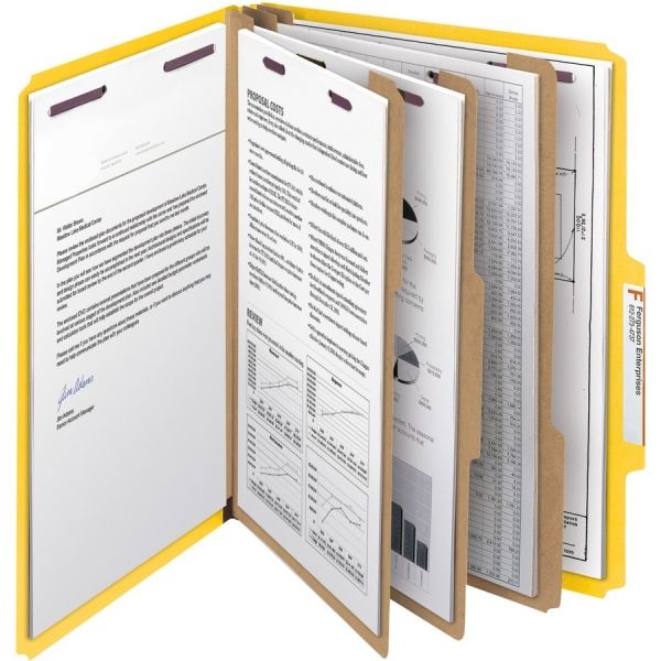 Smead Eight-Section Pressboard Top Tab Classification Folders With Safeshield Fasteners, 3 Dividers, Letter Size, Yellow, 10/Box