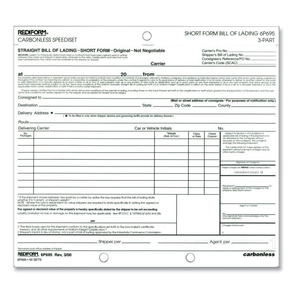 Rediform Bill Of Lading, Short Form, Three-Part Carbonless, 7 X 8.5, 1/Page, 50 Forms