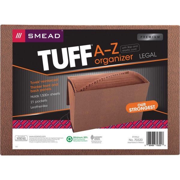 Smead Tuff Expanding File With Flap & Elastic Cord, 21 Pockets, A-Z, 15" X 10" Legal Size, 30% Recycled, Brown
