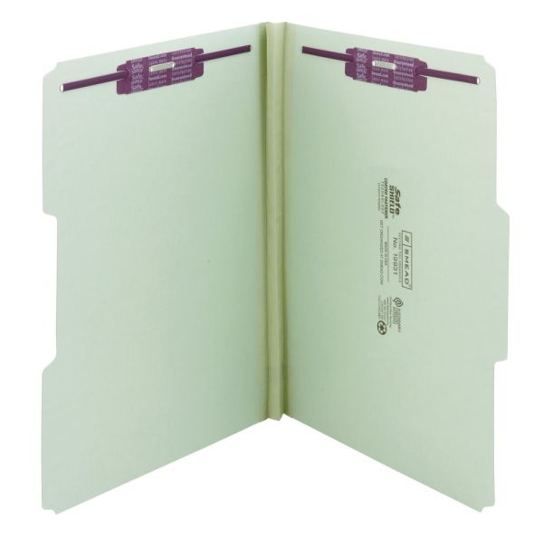 Smead Pressboard Fastener Folders With Safeshield Coated Fasteners, 1" Expansion, Legal Size, 100% Recycled, Gray/Green, Box Of 25