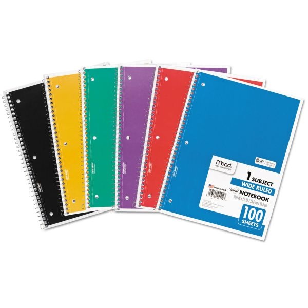 Mead Spiral Notebook, 3-Hole Punched, 1 Subject, Wide/Legal Rule, Randomly Assorted Covers, 10.5 X 7.5, 100 Sheets