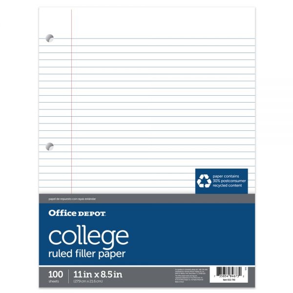 College-Ruled Notebook Filler Paper, 3-Hole Punched, 11" X 8 1/2", 100 Sheets