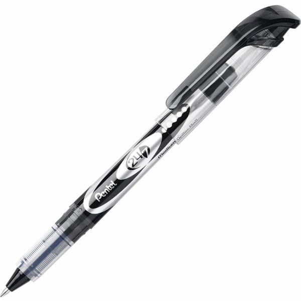 Pentel 24/7 Rollerball Pens, Medium Point, 0.7 Mm, Black Barrel, Black Ink, Pack Of 12 Pens