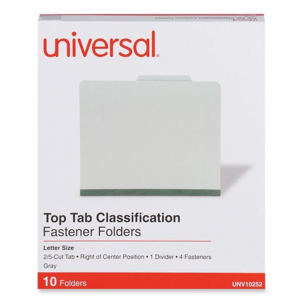 Universal Four-Section Pressboard Classification Folders, 2" Expansion, 1 Divider, 4 Fasteners, Letter Size, Gray Exterior, 10/Box
