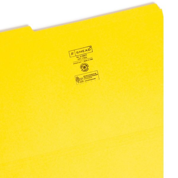 Smead Color File Folders, With Reinforced Tabs, Legal Size, 1/3 Cut, Yellow, Box Of 100