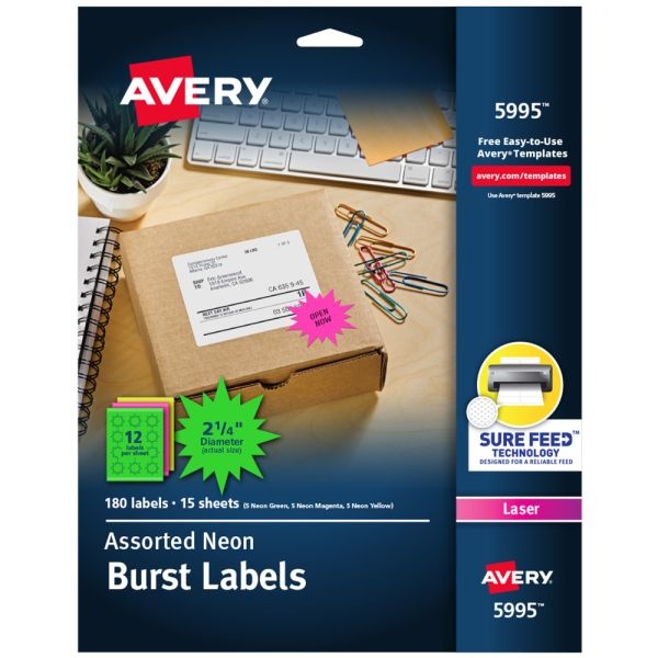 Avery Address Labels With Sure Feed For Laser Printers, 5995, Burst, 2-1/4", Assorted Neon Colors, Pack Of 180