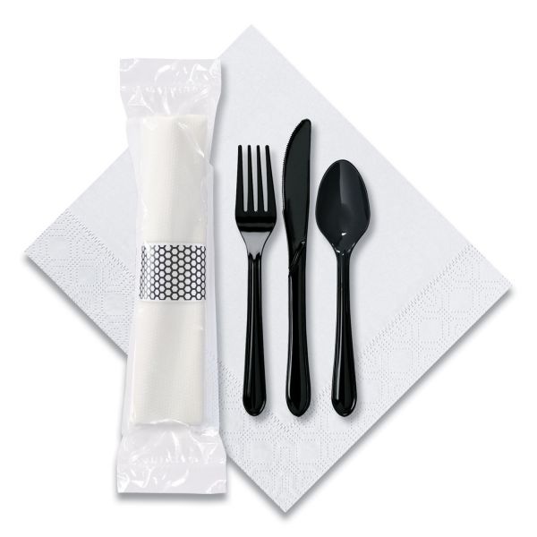 Hoffmaster Caterwrap Cater To Go Express Cutlery Kit, Fork/Knife/Spoon/Napkin, Black, 100/Carton