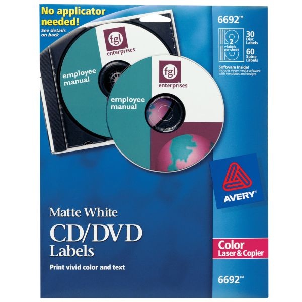 Avery Cd/Dvd Print-To-The-Edge Labels, 6692, Round, 4.65" Diameter, White, 30 Disc Labels And 60 Spine Labels