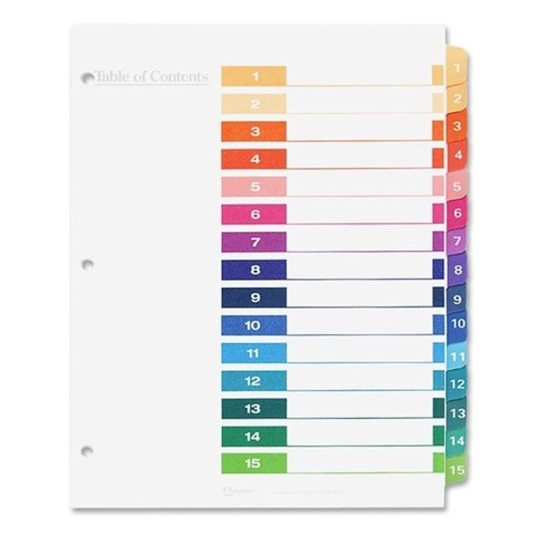 Avery Ready Index 1-15 Tab Binder Dividers With Customizable Table Of Contents, 8-1/2" X 11", 15 Tab, White/Multicolor, 1 Set