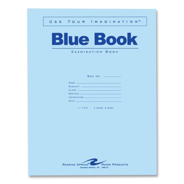 Roaring Spring Examination Blue Book, Wide/Legal Rule, Blue Cover, (4) 8.5 X 11 Sheets, 600/Carton