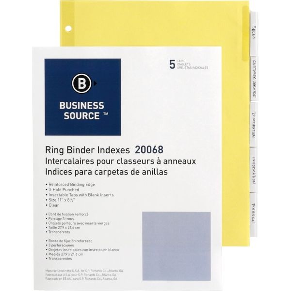 Business Source Buff Stock Ring Binder Indexes - 5 X Divider(S) - Blank Tab(S) - 5 Tab(S)/Set2" Tab Width - 8.5" Divider Width X 11" Divider Length - Letter - 3 Hole Punched - Buff Buff Paper Divider - Clear Tab(S) - 250 / Box