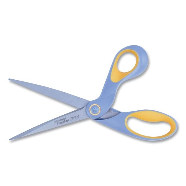 Westcott Extremedge Titanium Bent Scissors, 9" Long, 4.5" Cut Length, Gray/Yellow Offset Handle