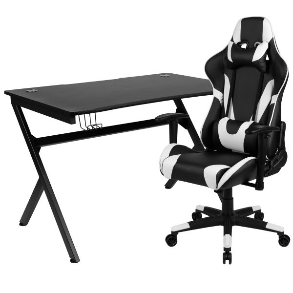 Optis Black Gaming Desk And Black Reclining Gaming Chair Set With Cup Holder, Headphone Hook & 2 Wire Management Holes