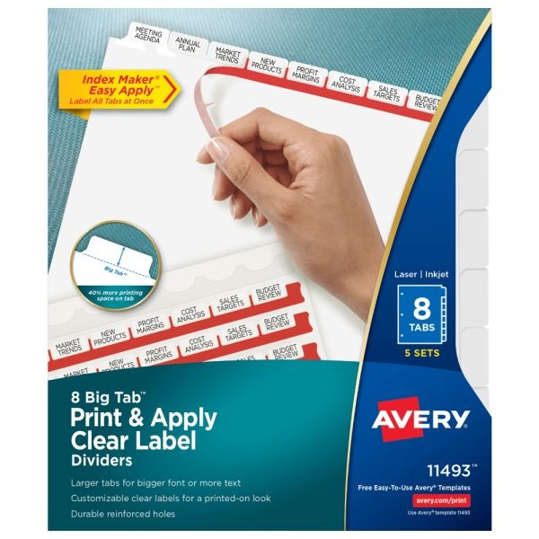 Avery Big Tab Print & Apply Clear Label Dividers With Index Maker Easy Apply Printable Label Strip, 8-Tab, White, Pack Of 5 Sets