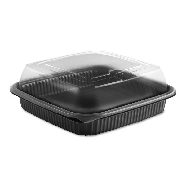 Anchor Packaging Culinary Squares 2-Piece Microwavable Container, Deep Lid, 36 Oz, 8.46 X 8.46 X 2.91, Clear/Black, Plastic, 150/Carton