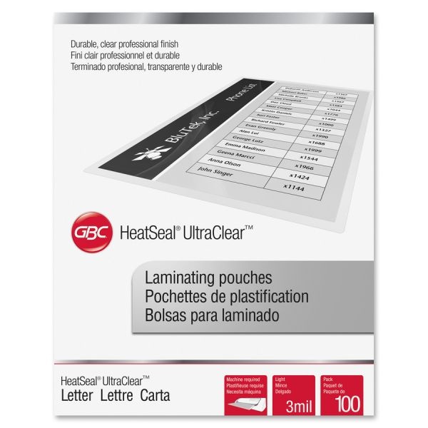 Swingline Gbc Ultraclear Thermal Laminating Pouches, 3 Mil, 9 X 11 1/2, 100/Box
