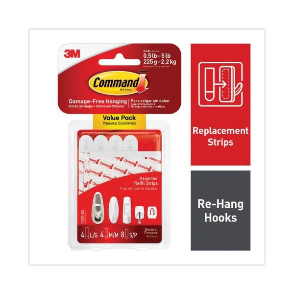Command Assorted Refill Strips, Removable, (8) Small 0.75 X 1.75, (4) Medium 0.75 X 2.75, (4) Large 0.75 X 3.75, White, 16/Pack