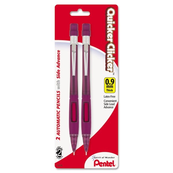 Pentel Quicker Clicker Mechanical Pencil, 0.9 Mm, Hb (#2), Black Lead, Burgundy Barrel, 2/Pack