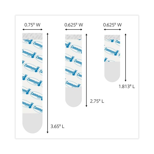 Command Assorted Refill Strips, Removable, (8) Small 0.75 X 1.75, (4) Medium 0.75 X 2.75, (4) Large 0.75 X 3.75, Clear, 16/Pack