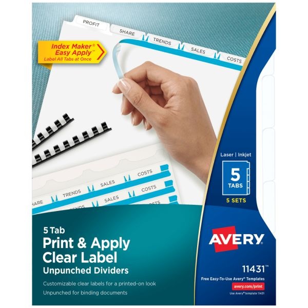 Avery Customizable Index Maker Unpunched Dividers For Use With Any Binding System, Easy Print & Apply Clear Label Strip, 5 Tab, White, Pack Of 5 Sets