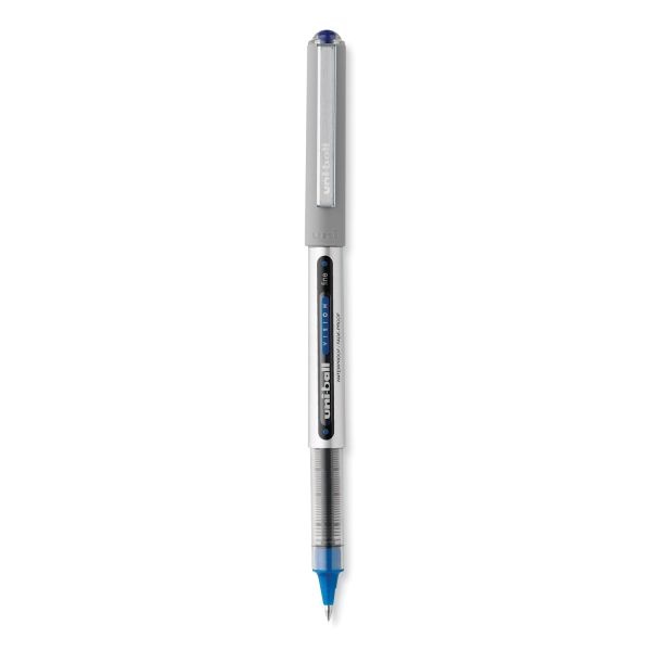 Uniball Vision Roller Ball Pen, Stick, Fine 0.7 Mm, Blue Ink, Silver/Blue/Clear Barrel, Dozen