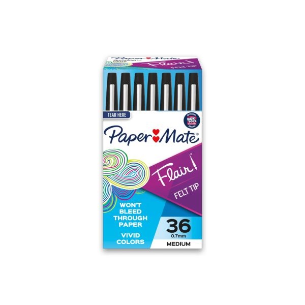Paper Mate Flair Porous-Point Pens, Medium Point, 0.7 Mm, Black Barrel, Black Ink, Pack Of 36 Pens