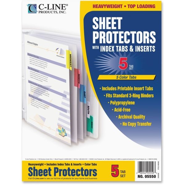 C-Line Sheet Protectors With Index Tabs, Assorted Color Tabs, 2", 11 X 8.5, 5/Set