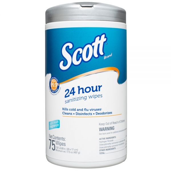 Scott 24-Hour Sanitizing Wipes, White, 75 Sheets Per Pack, Case Of 6 Packs