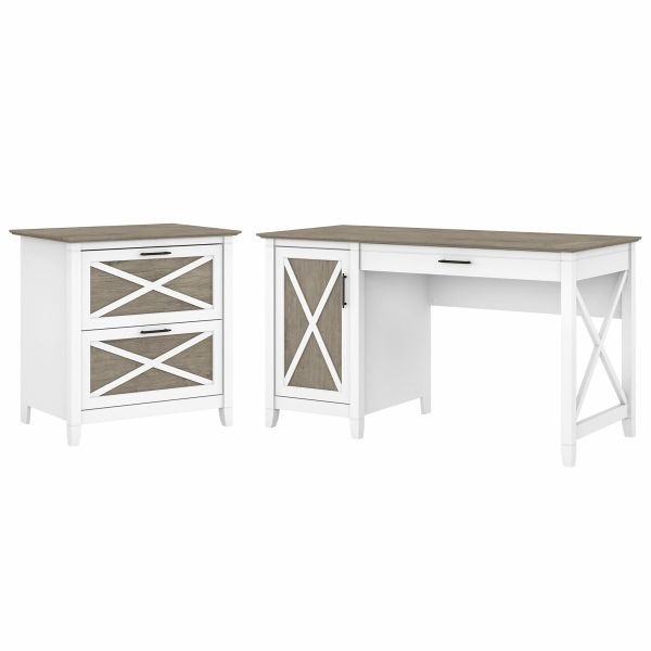 Bush Furniture Key West 54W Computer Desk With Storage And 2 Drawer Lateral File Cabinet In Pure White And Shiplap Gray